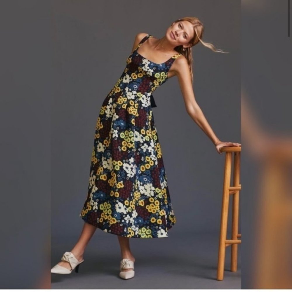 Anthropologie Maeve Marigold Sleeveless Floral Jacquard A Line Midi Dress